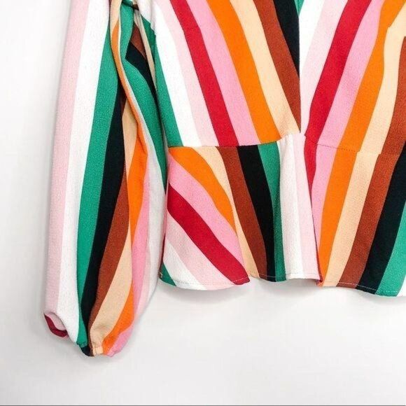 2/$30 Molly Green Bright Rainbow Stripe Balloon Sleeve Retro Top Blouse Small - Picture 7 of 9